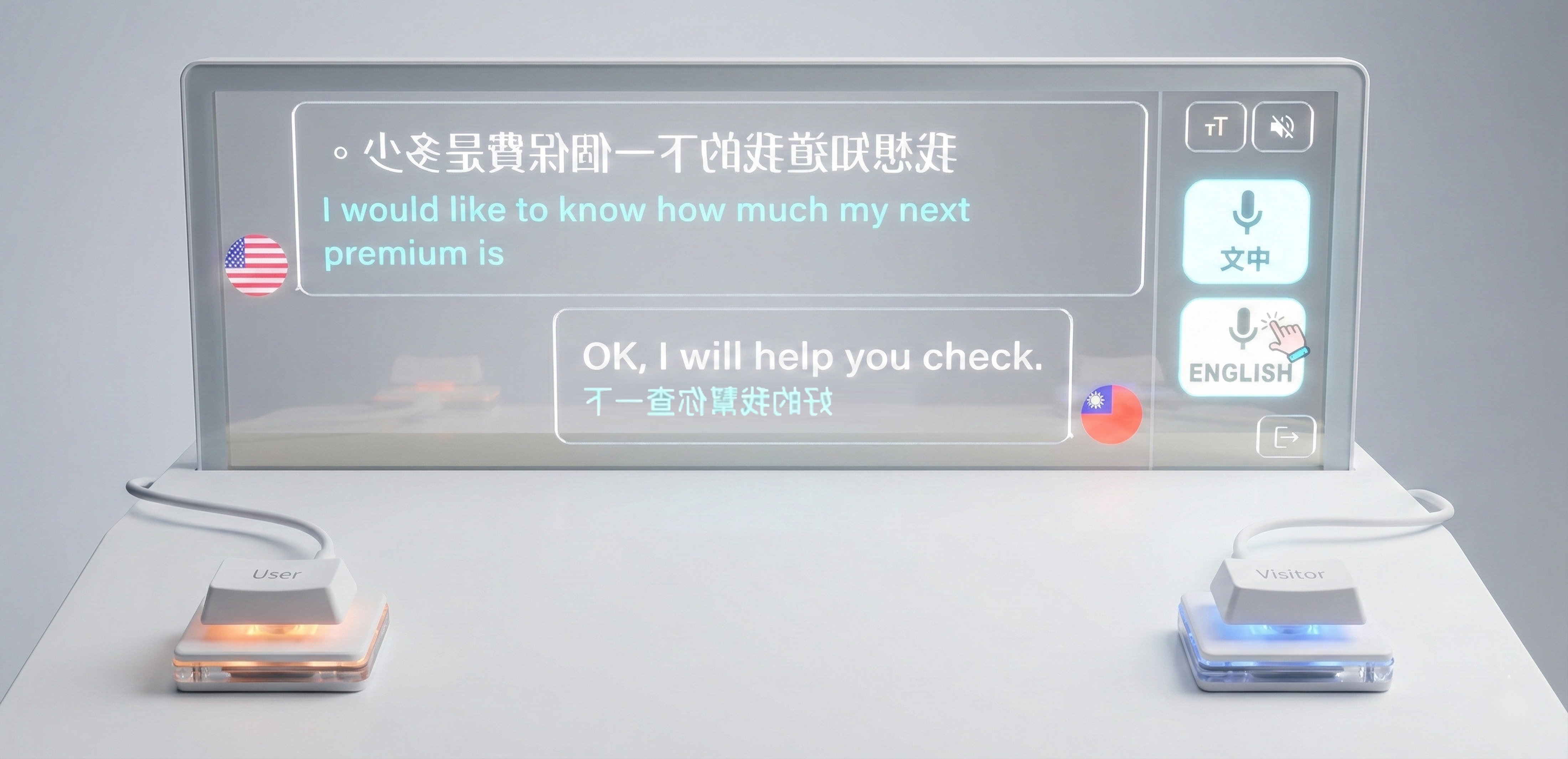 透明 OLED 螢幕雙向口譯示意