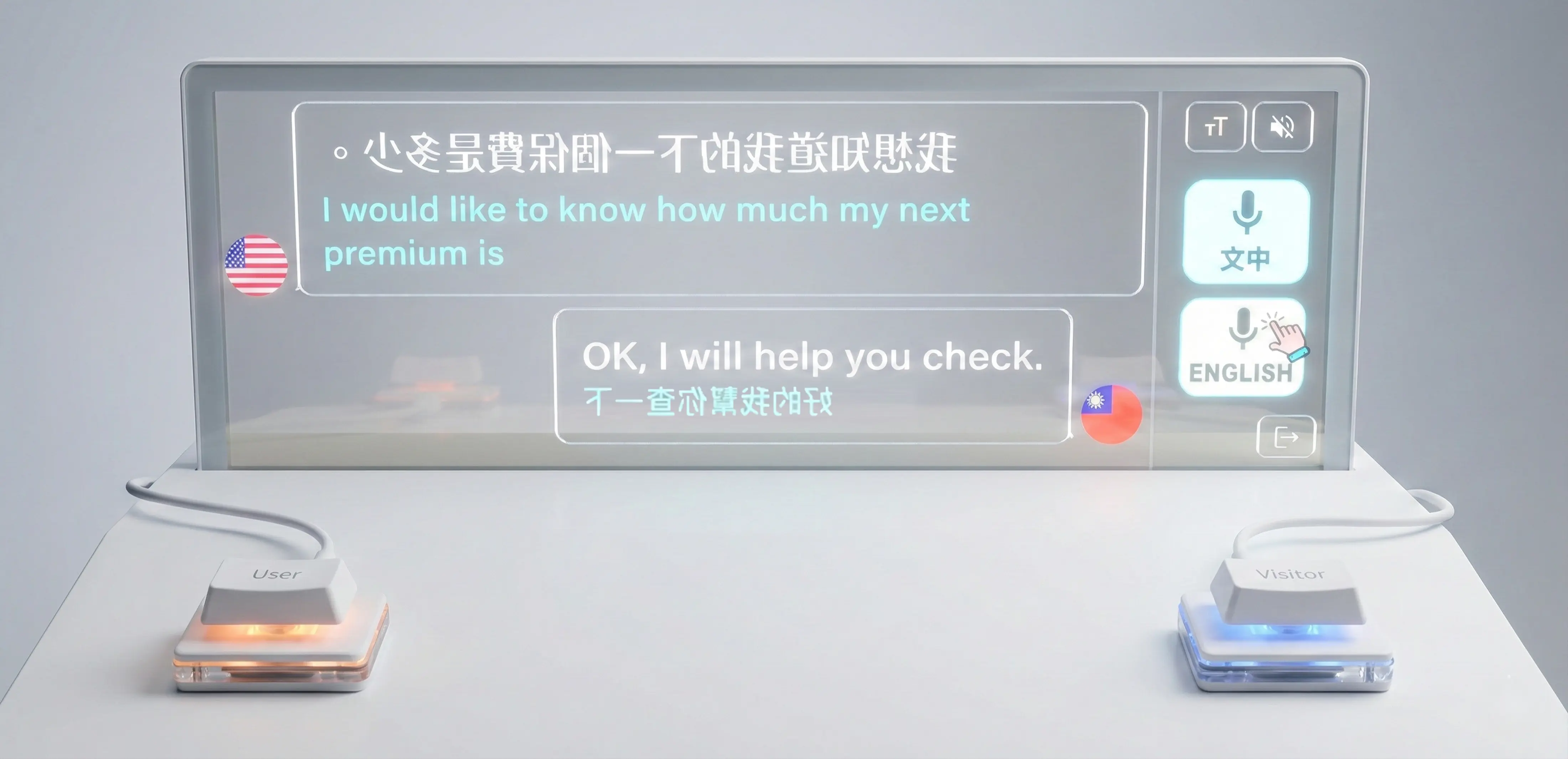透明 OLED 螢幕雙向口譯示意